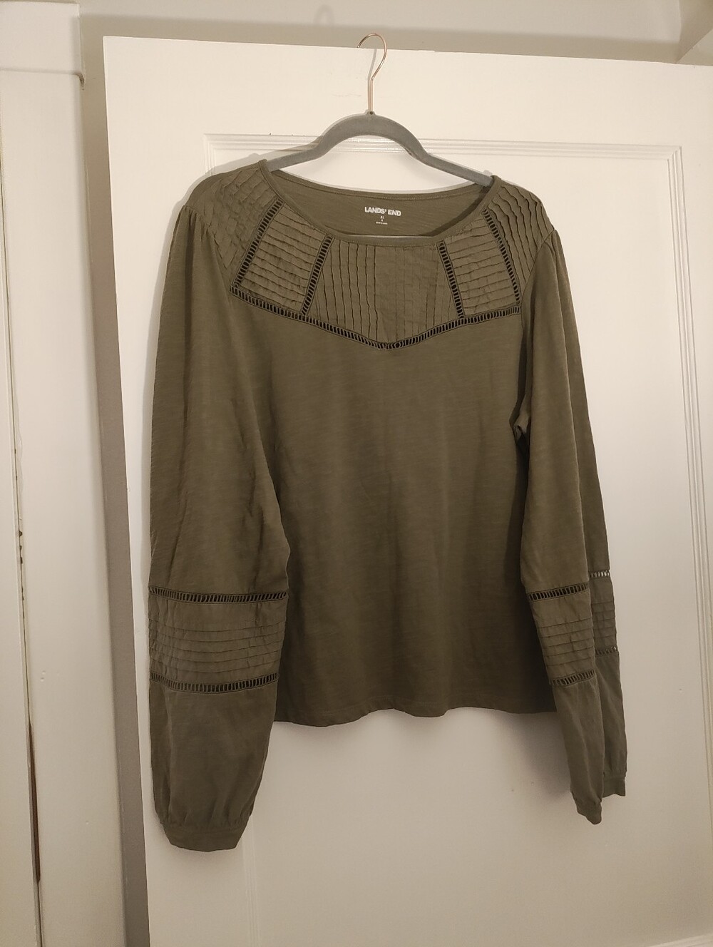 Lands' End XL 18 Pine Valley Green Pintuck Lattice Lace Long Sleeve Top